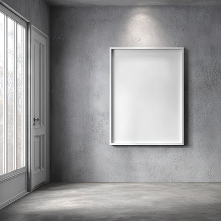 A white picture frame is mounted on a textured gray wall within a modern, minimalist interior. Natural light streams in from a nearby door and window, creating subtle shadows. The composition focuses on the frame, suggesting potential uses for art, photography, or other creative displays. Suitable for promotional material or editorial content.の素材