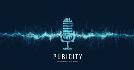 An illustrated microphone icon, radiating audio waves, sits against a dark blue backdrop. The digital artwork utilizes a particle effect, creating a shimmering texture. The design employs cool tones and highlights the concept of audio broadcasting. This image is suitable for various promotional and advertising applications.の素材