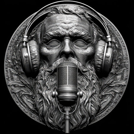 This image presents a grayscale artistic rendering of a bearded man wearing headphones and facing a microphone. The composition employs a frontal perspective with detailed textures and lighting. The overall style suggests a sculpted or embossed effect. Suitable for various creative projects, this image could serve well in editorial or commercial applications.の素材