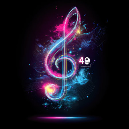 An illuminated musical note is presented against a dark backdrop, showcasing a modern artistic design. The composition features vibrant neon hues of pink and blue, with dynamic brushstroke effects. This artwork could be used for various design projects, including digital art and promotional materials.の素材