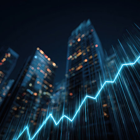 An illustration features a glowing blue line chart ascending across the backdrop of city buildings. The composition shows blurred city lights at night, creating an impression of technology and financial trends. It suggests themes like market growth, business development, and commercial success, suitable for diverse editorial or promotional material.の素材