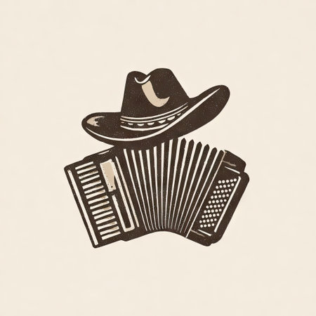 An illustration features a cowboy hat perched above an accordion. The artwork uses warm brown tones on a light background. The composition is simple, with the subjects centered. This image may be suitable for designs related to country music, celebrations, or artistic projects.の素材