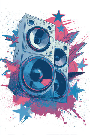 Two prominent audio speakers are the central focus, designed with a cartoonish style and outlined in solid lines. The speakers are accompanied by splashes of color and star shapes. This illustration evokes a sense of energy and vibrant visuals suitable for diverse design projects. Ideal for commercial applications.の素材