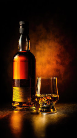 A bottle and glass of amber liquid with ice are positioned on a reflective surface. The image features warm lighting creating highlights and shadows. The composition is likely suitable for advertisements or editorial content related to beverages or relaxation. The image style is illustrative with a focus on product presentation.の素材