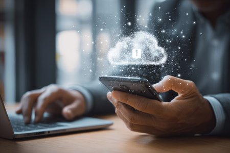 A person in a business suit interacts with a smartphone, with a laptop in the background. Digital cloud graphics and light effects overlay the image, creating a modern, tech-focused composition. The scene uses warm lighting to illuminate the hands and devices, suitable for illustrating business, IT, or data security themes.の素材