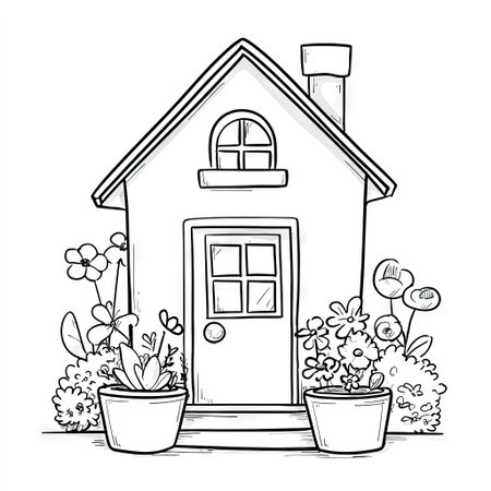 A cartoon illustration showcases a house with a simple design, complemented by floral elements and potted plants. The image features a monochromatic color palette, suggesting a line-art style. The composition focuses on the house facade, evoking a sense of home and nature, suitable for various design applications.の素材