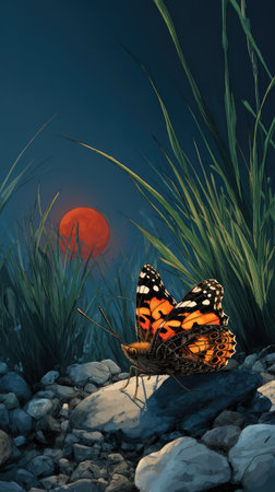 A monarch butterfly rests on a stone amid lush green grass, set against a backdrop of a vivid orange sunset in a dark environment. The image features a shallow depth of field, emphasizing the butterfly and its surroundings. Suitable for editorial and commercial use.の素材