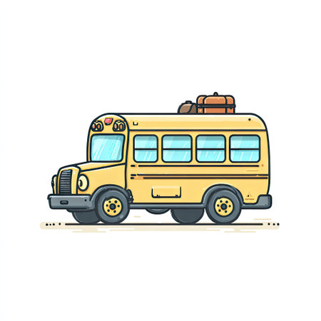 A cartoon illustration depicts a yellow school bus, complete with windows and wheels. The vehicle features a simple design, with black outlines defining its shape and internal details. The scene showcases a clean, isolated style suitable for various applications, including educational materials and promotional imagery, on a clear white background.の素材