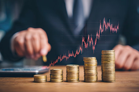 An image features a person in a suit, with rising stacks of coins and a superimposed financial graph. The composition uses warm lighting and shallow depth of field. This visual representation conveys concepts of investment, growth, and financial success. Suitable for illustrating business, economics, and market-related topics.の素材