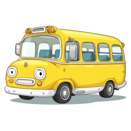 A cheerful cartoon illustration depicts a yellow school bus. The image showcases the vehicle's design and details against a plain white background. It presents a vibrant and friendly aesthetic, likely for educational or children's content. This image could be suitable for various commercial uses.の素材
