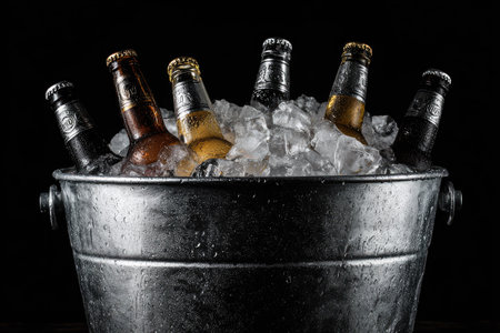 An assortment of beer bottles, nestled in ice inside a metal bucket, is presented against a dark background. The scene suggests a refreshing drink, with the cold temperature and condensation on the bucket. This image is suitable for promotional materials related to beverages and refreshment.の素材