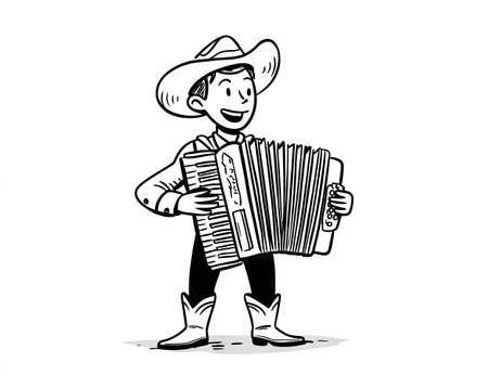 A cartoon illustration depicts a cowboy playing an accordion. The artwork uses a black and white color scheme. The composition is a medium shot against a white background. This image is suitable for various editorial and commercial applications such as music, illustration, or design projects.の素材