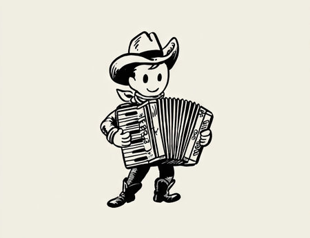 An illustrated cowboy figure, rendered in black and white, joyfully plays an accordion. The composition features a simple style with defined lines against a soft cream background, creating a clean visual. Suitable for various applications, including print, design, and web projects, it is adaptable for educational material and commercial use.の素材