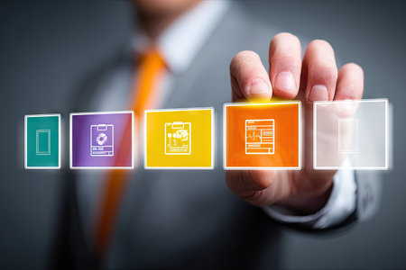 A person in professional attire interacts with a series of illuminated digital icons. The composition features a shallow depth of field, with a focus on the hand and glowing squares. The color scheme includes teal, purple, yellow, and orange. This image could be used for illustrating concepts related to business or technology.の素材