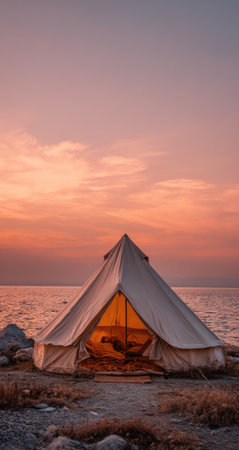 A tent stands silhouetted against a beautiful sunset over water. Warm hues of orange and pink color the sky, reflecting on the sea. The image exhibits a serene, natural environment, with a focus on travel and adventure. Suitable for various illustrative and commercial applications.の素材