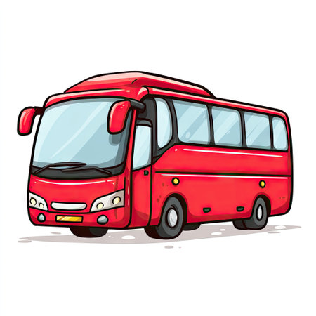 This illustration showcases a cartoon-style red bus, prominently displayed against a clean white background. The vehicle features smooth lines, a glossy finish, and a simplistic design, including tinted windows. It suggests themes of transport, travel, and public services, suitable for various promotional and design projects.の素材