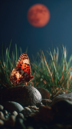 A butterfly rests on a rock in this image. The scene features lush green grass, various rocks, and a dark blue sky with a red-orange moon. The composition, with its selective focus and dramatic lighting, could be used for various editorial and commercial projects.の素材