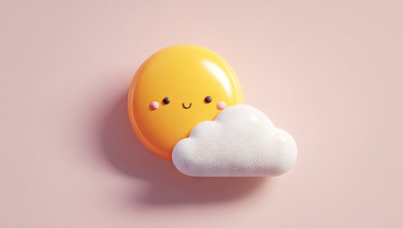 A whimsical illustration features a smiling yellow sun alongside a fluffy white cloud against a soft pink backdrop. The image utilizes smooth, rounded shapes and a vibrant color palette, evoking a cheerful and friendly aesthetic. This visual could be utilized for various commercial and editorial projects.の素材