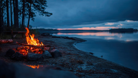 A campfire blazes on a lake's edge, illuminating the foreground with orange hues. The scene includes water, trees, and a moody, twilight sky. The image uses a natural color palette. Suitable for illustrating themes of travel, relaxation, or outdoor recreation for commercial projects.の素材