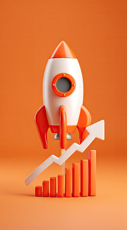 A cartoon rocket is depicted with an upward-pointing arrow and a bar graph suggesting growth. The color palette includes orange and white. The artwork has a vibrant, clean style with studio lighting. The image suggests financial success or business progress and could be used in various commercial or editorial projects.の素材