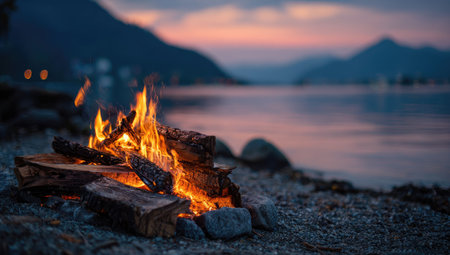 A campfire blazes with orange and yellow flames, illuminating logs and surrounding stones. The composition includes a blurred lake and mountainous backdrop, suggesting an outdoor setting at dusk with soft lighting. Ideal for illustrations or imagery related to travel, nature, and recreation.の素材