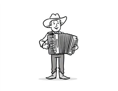 A cartoon illustration depicts a cowboy figure playing an accordion. The monochrome style presents a clear outline, suitable for various applications. It suggests musical performance and could be used in design projects. The minimalist composition makes it useful for editorial content or commercial uses.の素材