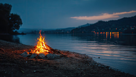 A campfire blazes brightly on a lake shore under a dusky sky. The scene features warm orange flames against the cool blues and greens of the water and surrounding landscape. The image evokes a sense of tranquility and could be used for illustrating outdoor activities or nature-themed concepts.の素材