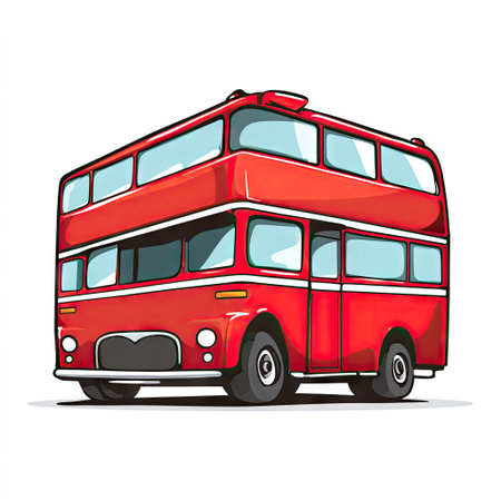 A vibrant illustration showcases a classic red double-decker bus. The vehicle is depicted with clean lines and bright colors, set against a pristine white background. This image highlights the bus's architectural design and is suitable for various commercial uses, including advertising and educational content.の素材