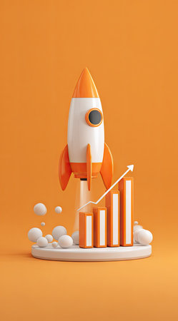 A cartoon rocket ship launches from a graph representing growth, set against an orange backdrop. The composition features a clean, illustrative style with bright colors and a minimalistic design. The scene suggests concepts of success, progress, and achievement, potentially suitable for promotional or educational materials.の素材
