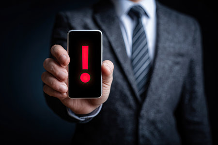 A person in a business suit holds a smartphone displaying a red exclamation mark, highlighting a potential issue. The composition uses a shallow depth of field, emphasizing the device against a blurred dark backdrop. The image utilizes artificial lighting and a formal aesthetic, suitable for various business or technology-related applications.の素材