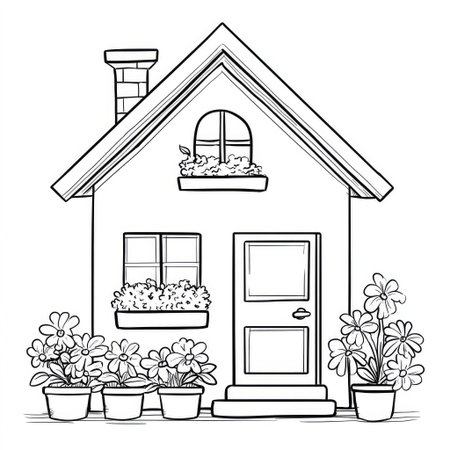 This black and white illustration depicts a house with a chimney and flowers in pots. The graphic features simple lines and shapes, suggesting a cheerful mood. Suitable for various applications, it could be used in educational materials or decorative designs. The image is clean with copy space.の素材