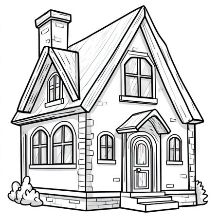 This is a detailed illustration of a cartoon house. The image presents a line drawing of a building with visible windows, a chimney, and a front door. The style is illustrative with a focus on lines and shading, suitable for various editorial and commercial applications.の素材