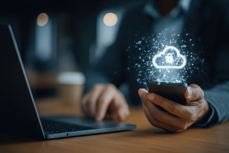 A person is using a mobile phone and laptop. The image features a digital cloud computing graphic. The scene is illuminated by soft lighting. It is suitable for illustrating themes of technology, data storage, and network communication in a business context, perfect for editorial and commercial use.の素材