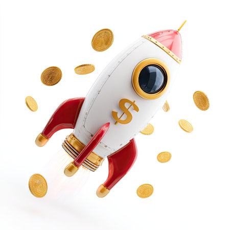 A cartoon rocket ship with a dollar sign on its body is depicted with scattered gold coins. The illustration has a clean and bright aesthetic, possibly created digitally. Suitable for financial concepts, the imagery may be useful in business, advertising or educational projects. It is set against a simple white backdrop.の素材