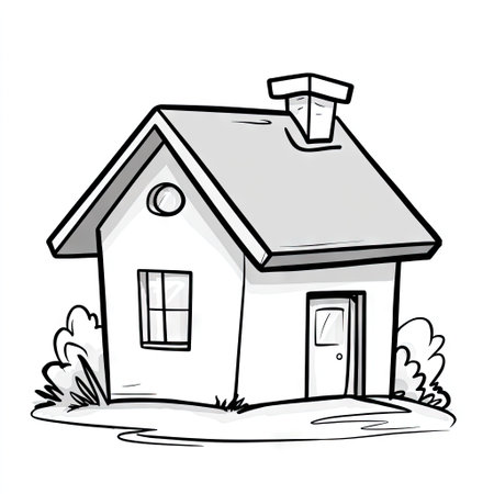 A whimsical illustration depicts a simple house with a chimney, door, and window. The image features clean lines and a grayscale palette. The composition is straightforward, emphasizing the house's form. Suitable for various applications, including educational materials, design projects, and website elements, this visual offers flexibility.の素材