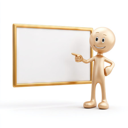 A golden cartoon figure points towards a blank whiteboard with a golden frame. The character is set against a plain white background, and the lighting is even. This illustration could be used in presentations, educational materials, or other projects needing a simple, eye-catching visual element.の素材