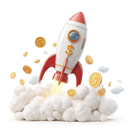 A cartoon rocket with red fins launches from fluffy white clouds, surrounded by gold coins. The composition features a clean, bright aesthetic with an isolated design. This illustration showcases a conceptual representation of financial growth and progress, suitable for commercial projects.の素材