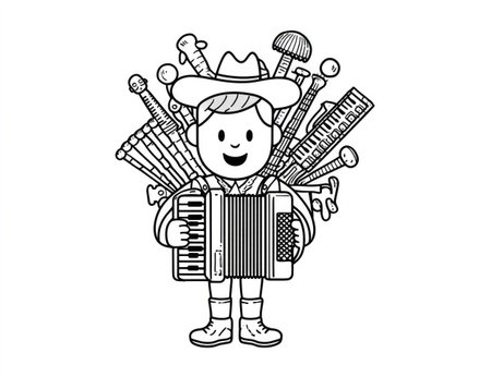 An illustration depicts a smiling cartoon musician holding an accordion. The character wears a hat and boots, surrounded by various musical instruments. The artwork utilizes black and white lines, creating a playful and graphic aesthetic. Suitable for educational materials, design projects, and potentially commercial applications.の素材