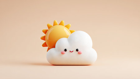A whimsical cartoon illustration features a smiling cloud and a radiating sun against a muted background. The image showcases soft colors and a clean, minimalist style. It appears to be created digitally, suitable for various design projects and editorial content needing a cheerful visual.の素材