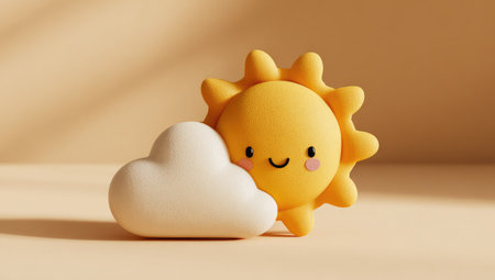 A whimsical illustration features a smiling yellow sun character alongside a fluffy white cloud. The composition utilizes a soft color palette with a beige backdrop. This artistic render showcases a friendly style, with gentle lighting. Suitable for use in projects related to weather, education, or illustrative design.の素材