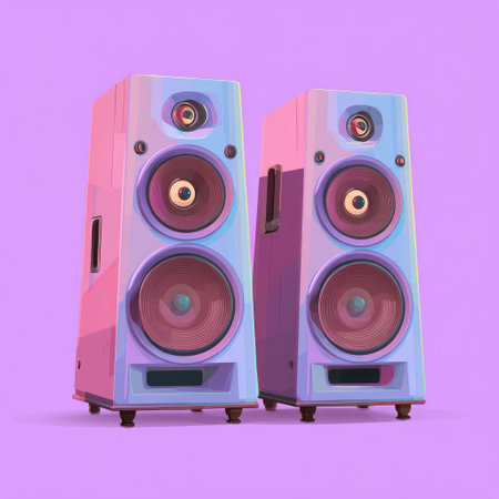 Two cartoon speakers are presented against a simple backdrop. They display a vibrant design with multiple colors and a smooth texture. The composition suggests an isolated studio environment, bathed in even lighting. This image could be suitable for various digital content, advertising materials, and design projects.の素材