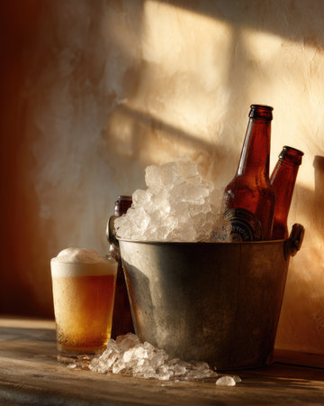 An image showcases beer bottles nestled in ice within a metal bucket, accompanied by a glass of beer. The lighting suggests an indoor setting, with soft sunlight casting shadows. The composition and colors may be suitable for advertisements or editorial use. The overall style suggests refreshment and leisure.の素材