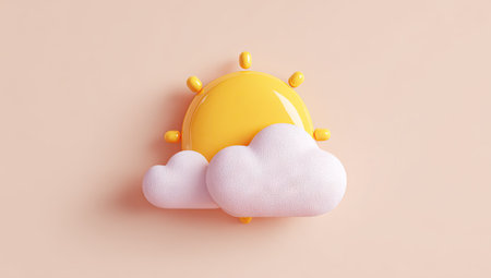 This image presents a cartoon illustration featuring a bright yellow sun and fluffy white clouds. The soft, rounded shapes are set against a subtle, pastel-colored backdrop, creating a simple, cheerful composition. This visual style could be used for various purposes such as web design elements, educational materials, or promotional content.の素材