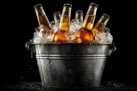 Several amber-colored beer bottles are immersed in ice within a metallic bucket, presented against a black backdrop. The scene showcases a cool, wet texture with visible condensation. Suitable for promotional material related to beverages or general lifestyle visuals, this composition uses overhead lighting.の素材