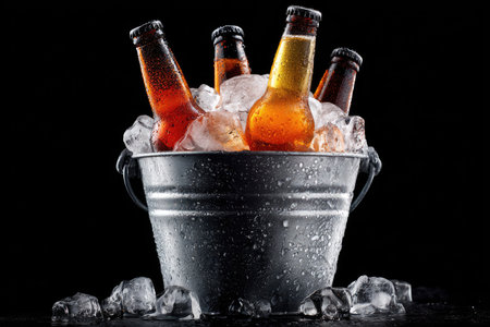 An assortment of beer bottles, partially submerged in ice within a metal bucket, is presented against a stark black backdrop. The scene showcases cool tones, highlighting the chilled beverages and the condensation on the bucket. This setup could be suitable for various commercial or editorial applications related to beverages and refreshment.の素材