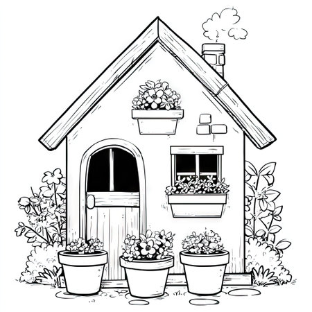 A charming cartoon illustration depicts a small house with a triangular roof. The house features a door, window, and chimney with smoke. Exterior details include flower pots and window boxes overflowing with blooms. The monochrome style and clean lines suggest potential use for various design projects and illustrations.の素材