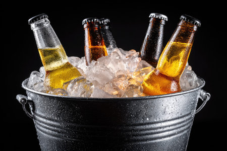An assortment of beer bottles is displayed in a metal ice bucket filled with crushed ice. The bottles have various shades of amber and brown, set against a dark backdrop. The composition features a close-up perspective and studio lighting, suitable for advertising or editorial content.の素材