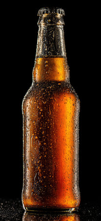 A close-up view presents a single beer bottle, showcasing a brown liquid inside. The bottle is covered in droplets of condensation. The composition uses a low-key lighting, creating a dark, dramatic setting. This image is suitable for various commercial uses, including advertising and editorial content.の素材