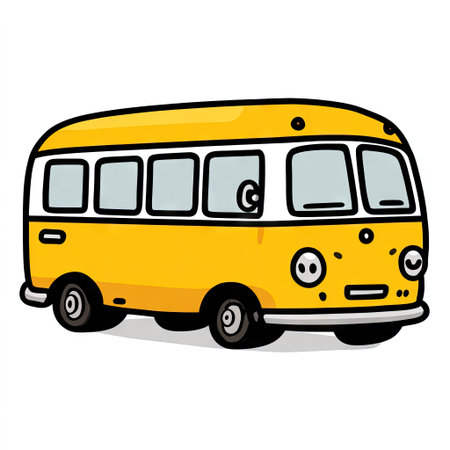 A cartoon illustration depicts a yellow bus with black accents. The vehicle is presented in a simplified, graphic style against a white backdrop. It features rounded shapes, bold outlines, and a cheerful design. Suitable for various projects, it can be used for educational materials or commercial advertisements.の素材