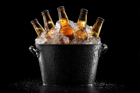 Several amber-colored beer bottles rest inside a metal bucket filled with ice cubes. The arrangement shows the bottles partially submerged, creating a cool and inviting visual. A dark backdrop enhances the illuminated look of the beer bottles. This scene is suitable for use in promotional materials or content related to beverages.の素材